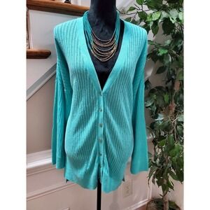 JCP Women's Aqua Linen & Cotton V-Neck Long Sleeve Cardigan Sweater Size 3X